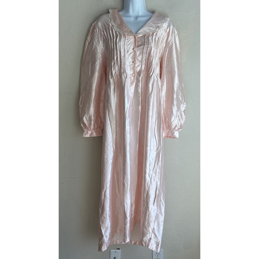 Vintage Aria Shiny Satin Midi Nightgown Dress S Coquette Babydoll Collar Pink